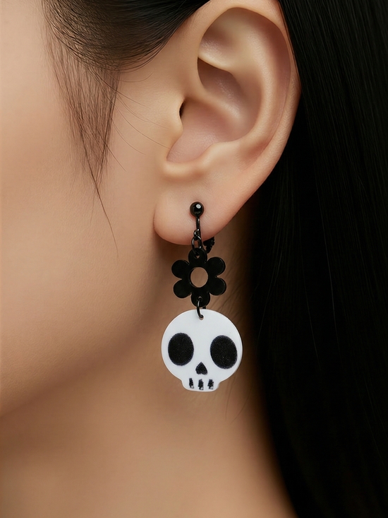 Jewelry - Skull Daisy Earrings Black White Gothic Floral Playful Edgy Dangle Statement